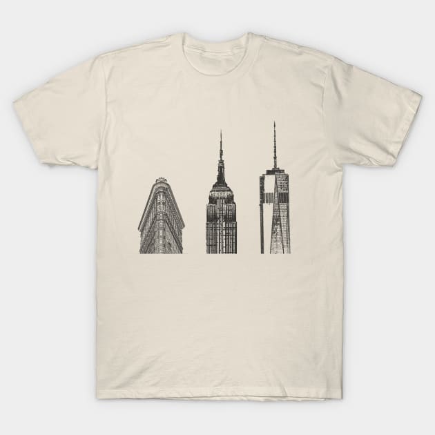 Iconic New York City Buildings-Empire State, Flatiron, One World Trade Center T-Shirt by tonylonder